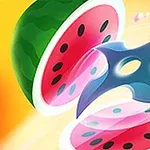 スイカが空中で手裏剣によって2つに切られているイラスト。