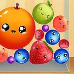 可愛らしい顔が描かれた様々な果物が集まっているイラスト。
