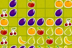 チェリー、ナシ、バナナ、オレンジ、ブドウの果物がグリッド状に並んでいる画像。