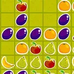 チェリー、ナシ、バナナ、オレンジ、ブドウの果物がグリッド状に並んでいる画像。