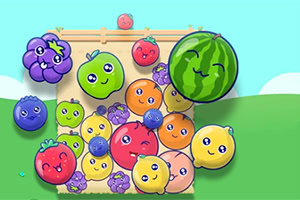 カラフルで顔のある果物たちが集まっているイラスト。