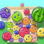カラフルで顔のある果物たちが集まっているイラスト。