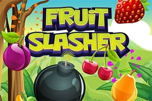 カラフルな果物と爆弾が並び、上に「FRUIT SLASHER」というタイトルが表示されているイラスト。