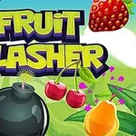 カラフルな果物と爆弾が並び、上に「FRUIT SLASHER」というタイトルが表示されているイラスト。