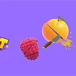 紫色の背景にオレンジとラズベリーがナイフで切られているイラスト。