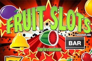 色とりどりのフルーツ、ベル、バーのアイコンが赤い背景に配置され、「FRUIT SLOTS」と大きく書かれています。