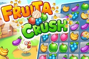 カラフルなフルーツのパズルゲーム画面とニワトリのイラスト。