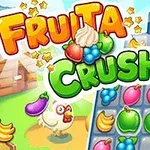 カラフルなフルーツのパズルゲーム画面とニワトリのイラスト。