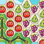 六角形のグリッドにリンゴ、ブドウ、梨のイラストが並び、特定のパターンで線が引かれている。