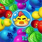 カラフルな果物と野菜の背景に、怒った表情のヒヨコがバブルに包まれている。
