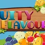 木製の看板にカラフルな「FRUITY FLAVOUR」の文字が描かれ、周囲に笑顔の果物たちが配置されているイラスト。