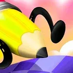 黄色い鉛筆が跳ねるように紫色の台の上に乗っているイラスト。