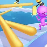 紫色のキャラクターが橋の上を走り、周囲に黄色いハンマーがあるシーン。