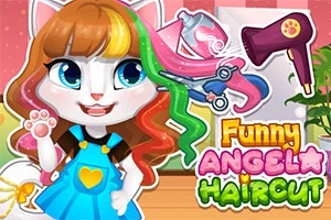 カラフルな髪を持つ猫のキャラクターがハサミやドライヤーを背景にして微笑んでいるイラスト。