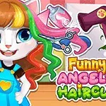 カラフルな髪を持つ猫のキャラクターがハサミやドライヤーを背景にして微笑んでいるイラスト。