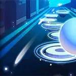 青い光の道を転がる白い球体。