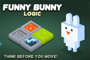 ブロック状のうさぎのキャラクターとレーザー、トゲ、炎の模様のある色とりどりのタイル。