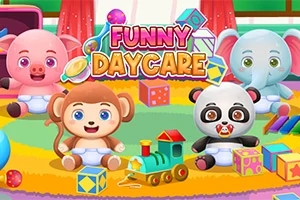 かわいい動物たちがカラフルなデイケアの部屋で遊んでいるイラスト。
