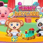 かわいい動物たちがカラフルなデイケアの部屋で遊んでいるイラスト。