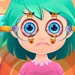 少女が目の検査装置をつけているイラスト。