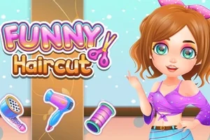 ゲームキャラクターの女の子が紫色のトップスと水色のスカートを着て立っており、背景には「FUNNY Haircut」と書かれたテキストとヘアドライヤー、ブラシ、ハサミ、糸巻きのイラストがある。