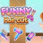 ゲームキャラクターの女の子が紫色のトップスと水色のスカートを着て立っており、背景には「FUNNY Haircut」と書かれたテキストとヘアドライヤー、ブラシ、ハサミ、糸巻きのイラストがある。