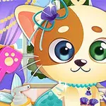 カラフルな部屋に可愛らしいリボンをつけた大きな目の子猫。