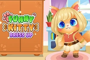 大きな青い目をした可愛らしい猫のキャラクターが、部屋の中で着せ替えを楽しんでいる様子。