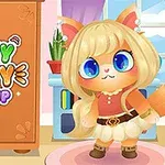 大きな青い目をした可愛らしい猫のキャラクターが、部屋の中で着せ替えを楽しんでいる様子。