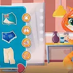 猫のキャラクターが青いショートパンツを履いている着せ替え画面。