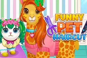カラフルな背景の前に、ファンシーな衣装を着た動物二匹と「FUNNY PET HAIRCUT」という文字。