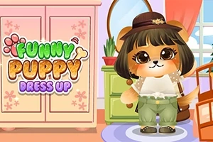 かわいい犬のキャラクターが洋服を着て部屋に立っているイラスト。