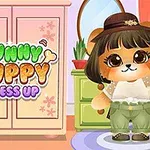 かわいい犬のキャラクターが洋服を着て部屋に立っているイラスト。