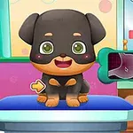 診察台に座っている笑顔の子犬のイラスト。