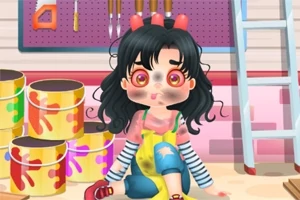 黒髪の少女が絵の具缶の近くで驚いた表情をして座っている。
