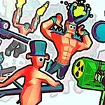 カラフルなキャラクターたちが、さまざまな武器やコスチュームを持つ戦闘シーン。