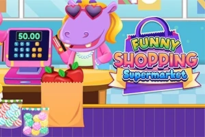 スーパーのレジでハートのサングラスをかけたカバのキャラクターがレジを操作しているイラスト。