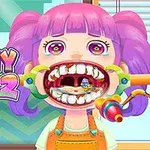 紫色の髪の女の子が口を大きく開け、医療道具が口内に挿入されているイラスト。