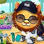ライオンのキャラクターがFBIの帽子とサングラスをかけていて、周りには様々な道具が並んでいる明るい色彩のイラスト。