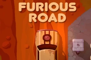 砂漠の道を走るレトロな車と「FURIOUS ROAD」のタイトル。