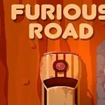 砂漠の道を走るレトロな車と「FURIOUS ROAD」のタイトル。