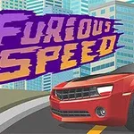 赤いスポーツカーがビル街を背景にして道路を走っているイラスト。
