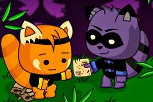 オレンジと紫の動物キャラクターが、緑の草の上で紙を手渡しているイラスト。