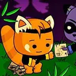 オレンジと紫の動物キャラクターが、緑の草の上で紙を手渡しているイラスト。