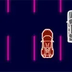 暗い背景にピンク色の線で区切られた道路上を赤い車と白い車が並んで走行しているイラスト。