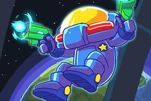 宇宙空間で緑色のレーザー銃を持った紫色の宇宙服を着たキャラクター。
