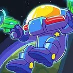 宇宙空間で緑色のレーザー銃を持った紫色の宇宙服を着たキャラクター。