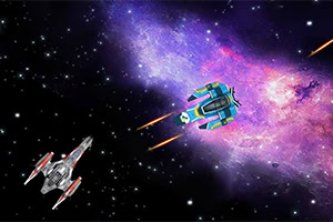 宇宙を背景に2機の宇宙船が飛行している様子。