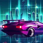 近未来の都市背景をバックに、紫色のスポーツカーが描かれている。