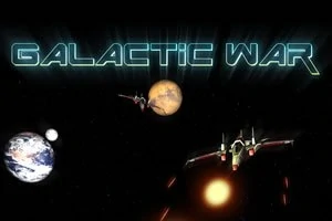 宇宙空間に浮かぶ惑星と宇宙船、背景に「GALACTIC WAR」の文字。